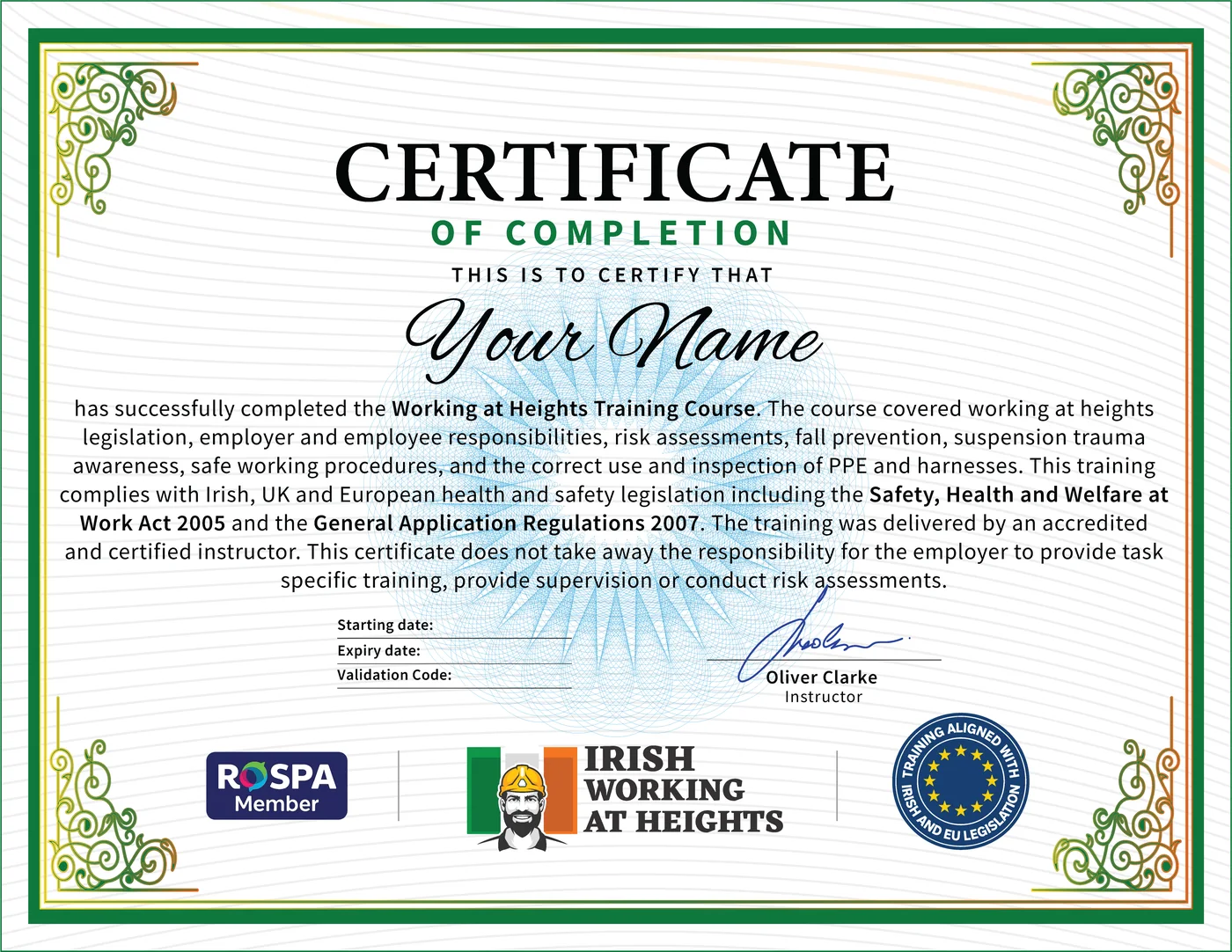 Official Working at Heights Certificate: QQI accredited Working at Heights Cert from Irish Working at Heights Dublin Ireland, Instant Download
