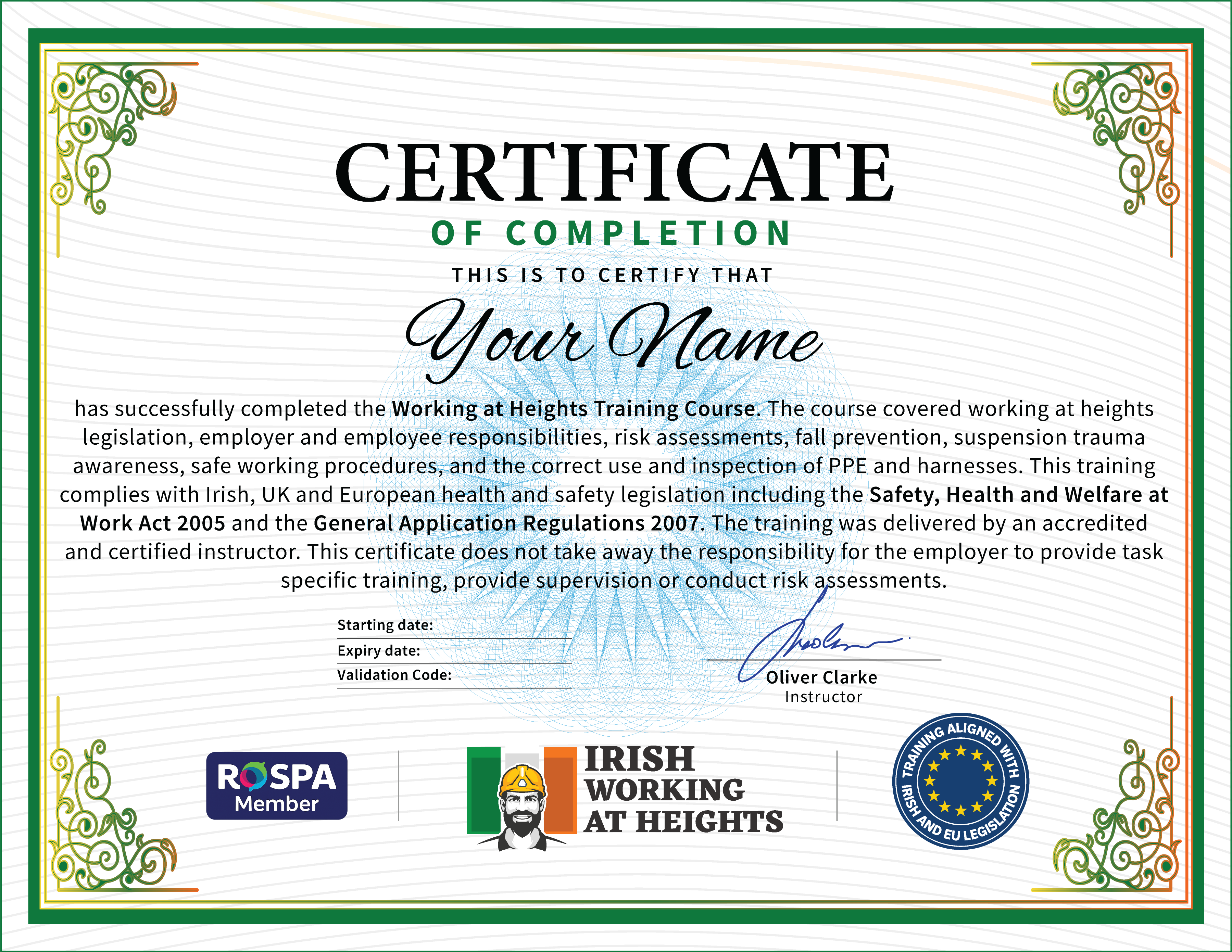 Official Working at Heights Certificate - QQI accredited Working at Heights Cert from Irish Working at Heights Dublin Ireland - Instant Download